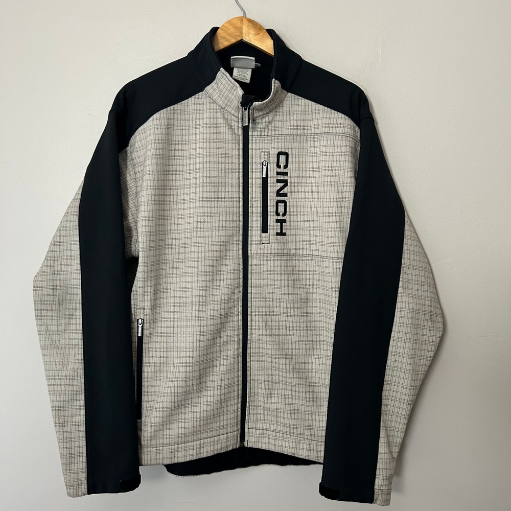 Cinch Softshell Jacket Men XL Gray Black Grid Full Zip Fleece Lined Western Coat